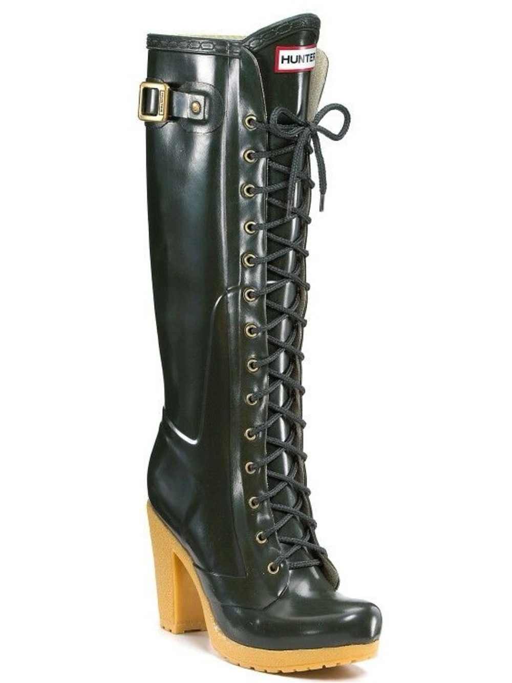 Hunter Green Lace-Up Tall Boots with Tan Heel